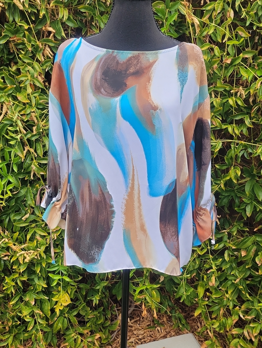 Worthington Abstract Brushstroke Blouse in Blue, Brown, White and Tan